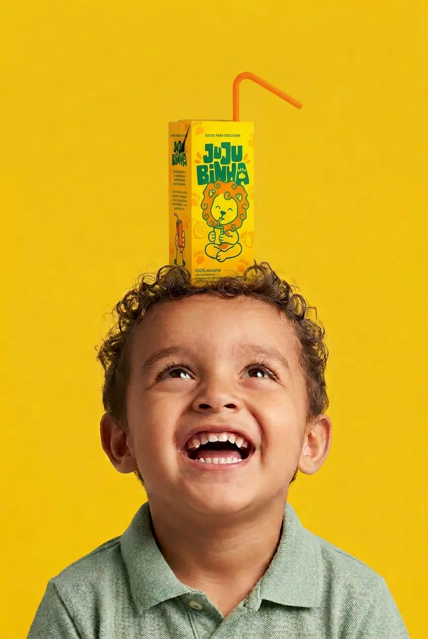 Criança sorrindo com a caixinha Jujubinha equilibrada na cabeça