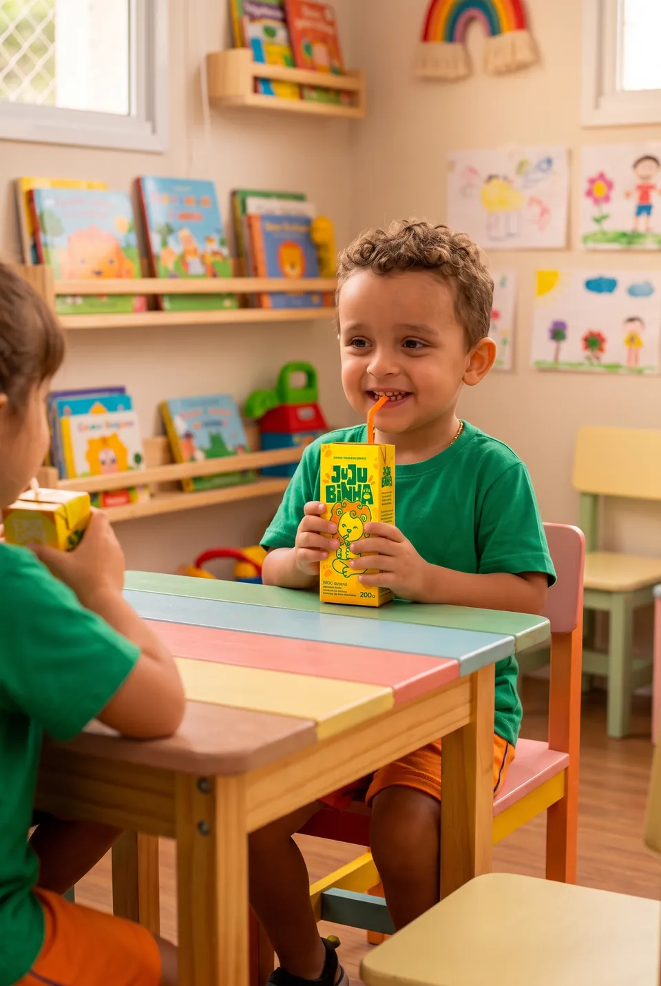 Criança tomando suco Jujubinha numa mesa colorida de sala de aula